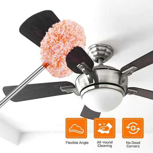 Ceiling Fan Cleaner Duster Reusable Microfiber Ceiling Fan Blade Cleaner Removable Duster with Extension Pole Adjusts 13 to 49.7 Inch for Cleaning Walls Furniture Door Window Top (Orange White)