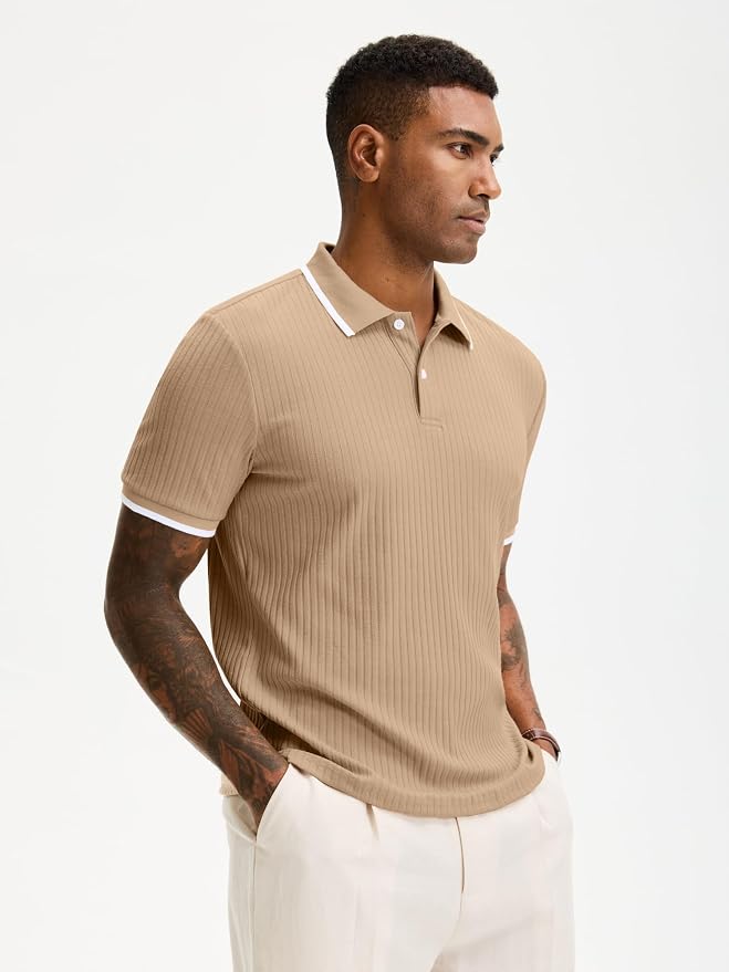 Comdecevis Men's Regular Fit Short Sleeve Knit Polo Shirts | Business casual, lightweight, breathable, stretch textured fabric, moisture wicking, easy care