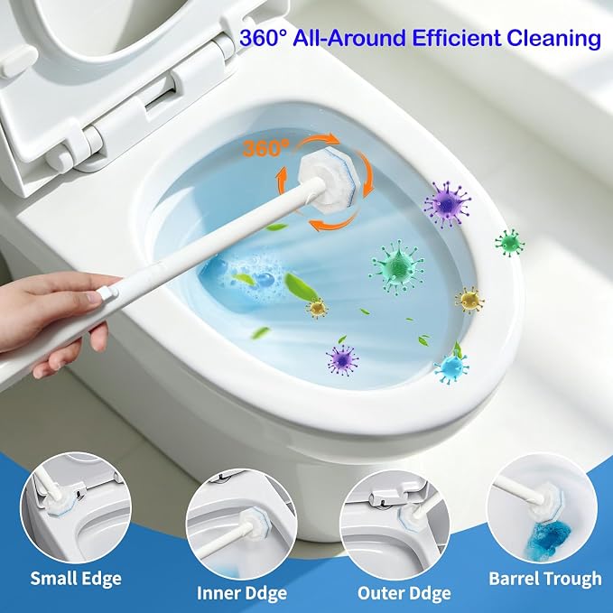 Disposable Toilet Brush and Holder Set, 40 Pre-Filled Refills, 5X Powerful No-Shed Pads, 360° Deep Toilet Bowl Clean, Toilet Bowl Cleaners with Storage Caddy & Adhesive Hooks