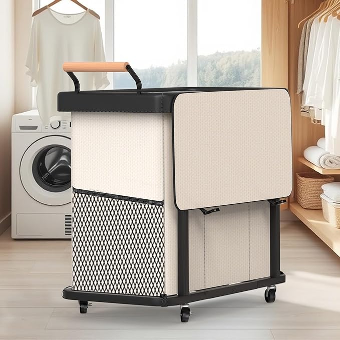 Rolling Laundry Hamper with Wheels,Laundry Hamper 3 Section with Lid Beige | Laundry Basket with Rolling Lockable Wheels and Handle, Laundry Basket Organizer for Laundry Room, Bedroom 60Gal