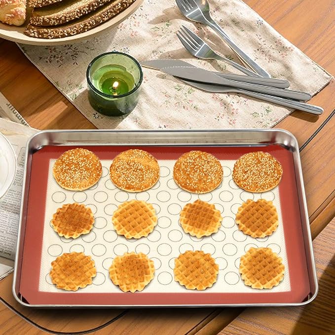 Wildone Baking Sheet with Silicone Mat Set, Set of 4 (2 Sheets + 2 Mats), Wildone Stainless Steel Cookie Sheet Baking Pan with Silicone Mat, Size 12 x 10 x 1 inch, Non Toxic & Heavy Duty & Easy Clean