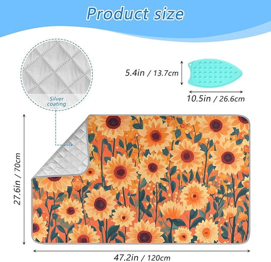 Orange Sunflowers and Poppy Flowers Ironing Mat Portable Ironing Pad Blanket with Silicone Iron Rest for Table Top Travel Heat Resistant Double-Side Using Large 47x28 Inch Foldable