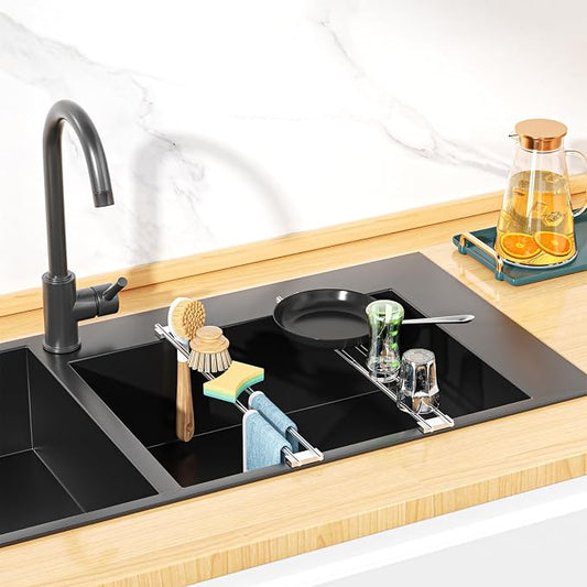 Dish Cloth Holder for Kitchen Sink, Adjustable Over-The-Sink Dish Rag Rack, Metal Kitchen Racks Sink Brush Holder, Drying Rack for Dishcloths, Sponges, Brushes, and Bottles (2, Sliver)