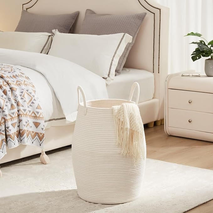 Large Laundry Hamper Basket 65L Woven Blanket Basket, Beige | Tall Clothes Hamper, Rope Wicker Laundry Basket, Storage Basket for Toys, Dirty Cothes in Bedroom, Living Room Organizer