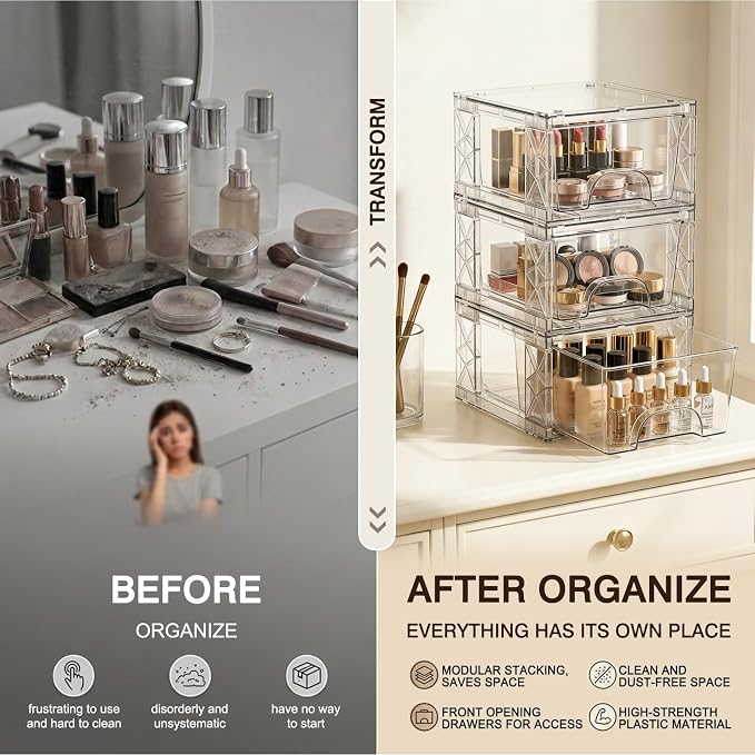 Stackable Storage Drawers 4 Pack 4.4in Clear Medicine Bins Organizer