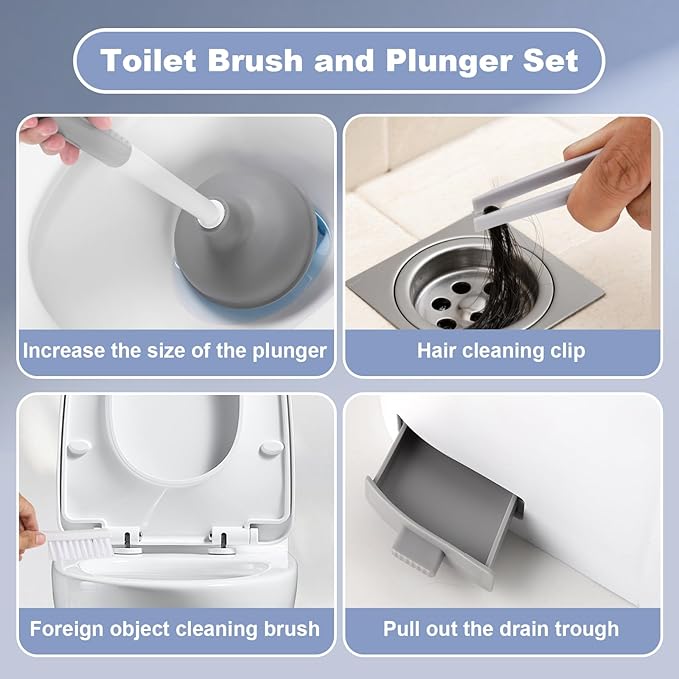 Toilet Brush and Plunger Set 4 in 1 Toilet Brush and Holder with Crevice Cleaning Brush and Clip Deep Cleaning, Wall Mounted Home Bathroom Cleaning Tool Combo (Gray 1)