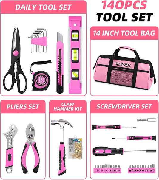 DOWELL 140PCS Pink Tool Kit for Women - Household Essential Tool Set with 14” Storage Bag