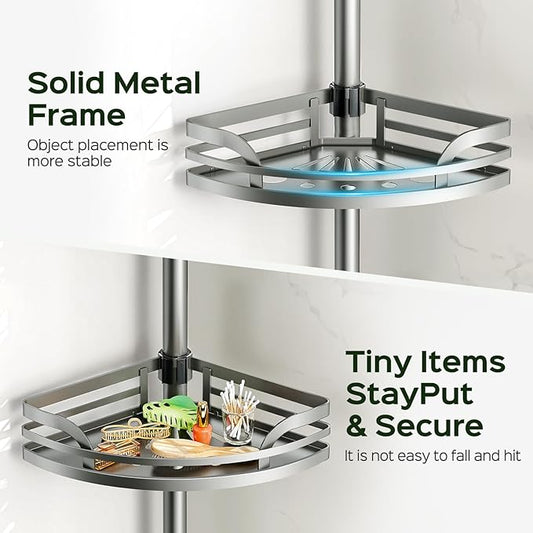 HAMITOR Shower Caddy Tension Pole:4-Tier Rustproof Bathroom Corner Shelf for Renters - 47-121inches Adjustable Bathtub Organizer with Soap Holder-large capacity rack for Shampoo Storage Home Accessory
