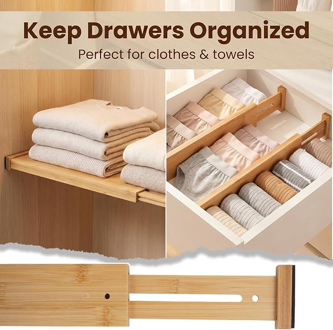 Joyeee Kitchen Drawer Dividers 8 Pack, 17-22" Adjustable Bamboo Drawer Organizer, 2.36" High Expandable Utensils Separators for Closet, Dresser, Bathroom, Bedroom