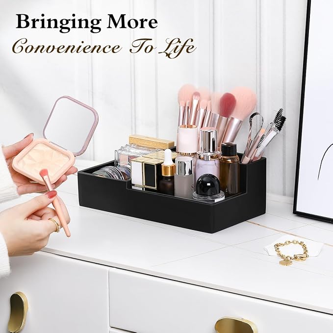 Luxspire Bathroom Counter Organizer with Lid, 6 Slots, Matte Black | Bathroom Vanity Organizer, Bathroom Organizer Countertop for Cotton Ball, Q-Tips, Floss