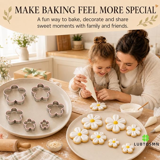 LUBTOSMN 6 Piece Flower Cookie Cutters Set, Silicone Rim Baking Set | Dishwasher-safe stainless steel cutters from 1" to 4" for cookies, fondant, sandwiches, party treats and family baking