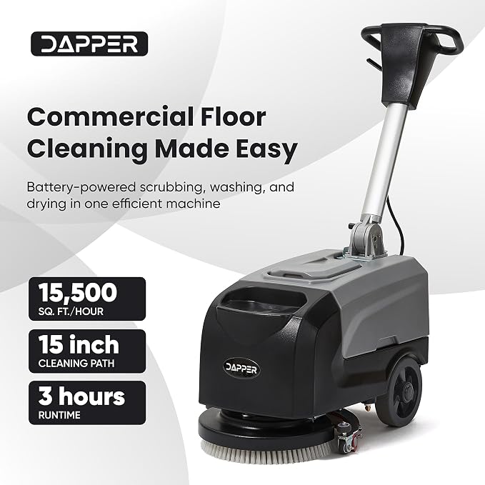 Battery Powered Walk Behind Floor Scrubber Buffer Polisher Machine with Foldable Handle 15 inch Brush 19 inch Squeegee Width 4.5 gal Tank Includes a Hard Brush and 3 Scouring pads