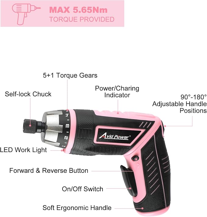 AVID POWER 4V Electric Cordless Screwdriver Set 5.65Nm 44 Bits with Case | 5.65Nm, 5+1 Torque Settings, 2-Position Handle, 44 Accessories, LED Light, for Precision Assembly & Furniture Installation