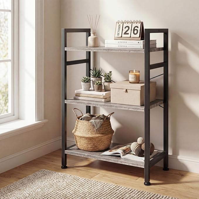 DUMOS 3 Tier Bookshelf, Home Office Bookcase Shelf Storage Organizer | Free Standing Open Display Storage Shelving Unit for Bedroom, Living Room Gray