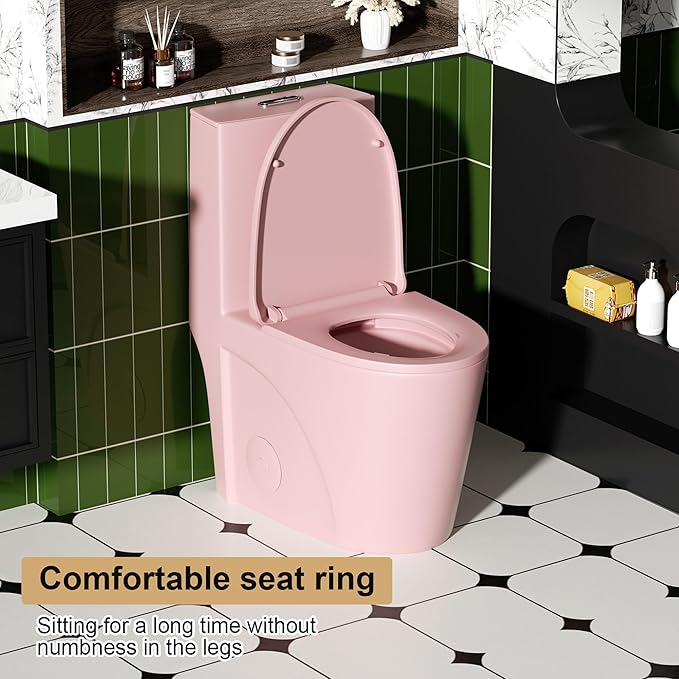 Dual Flush One Piece Toilets for Bathrooms, Compact Pink Toilet Elongated with Soft Closing Seat, Modern 12 Inch Rough in Toilet, 1.6 GPF & Map 1000g, Comfort Height, Silent Design (Pink+31H)