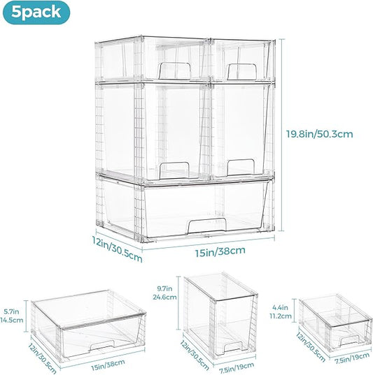 Vtopmart 6 Pack Clear Stackable Storage Drawers,Easy to Assemble Baby Bottle with handles,Plastic Drawers for Kitchen Pantry,Cabinet,Under Sink Organization