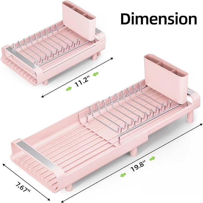 TOOLF Small Dish Drying Rack, Mini Expandable Compact Dish Rack, Slim Extendable Stainless Steel Dish Drainer for Kitchen Plate Storage, Space Saving Dish Strainer in Sink or on Home Countertop, Pink