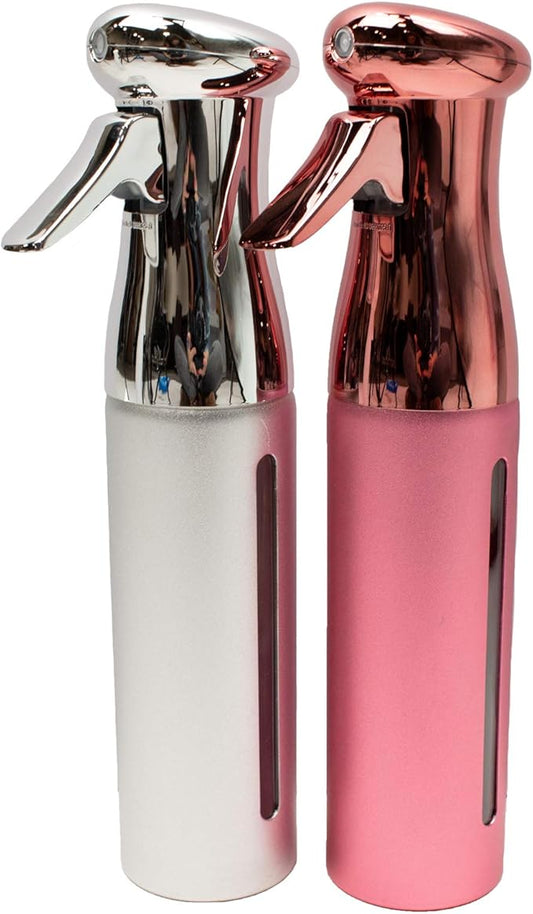 KEEN Continuous Spray Bottle, 10 OZ Fine Mist for Hair Styling, Barber, Plants, Refillable Empty Water Bottle Trigger Sprayer Set, Pink/Silver, 2 Pack