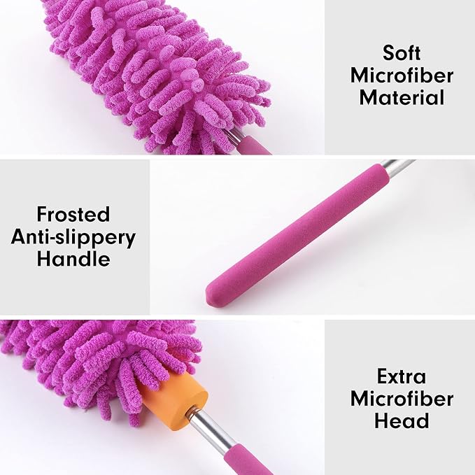Duster for Cleaning, 10-29" Extension Pole, 2 Washable Heads, Purple | Microfiber Heads, Wet Or Dry, Detachable, Hand Washable, Easy Storage, For Cars, Offices, Windows, Furniture And Ceiling Fans