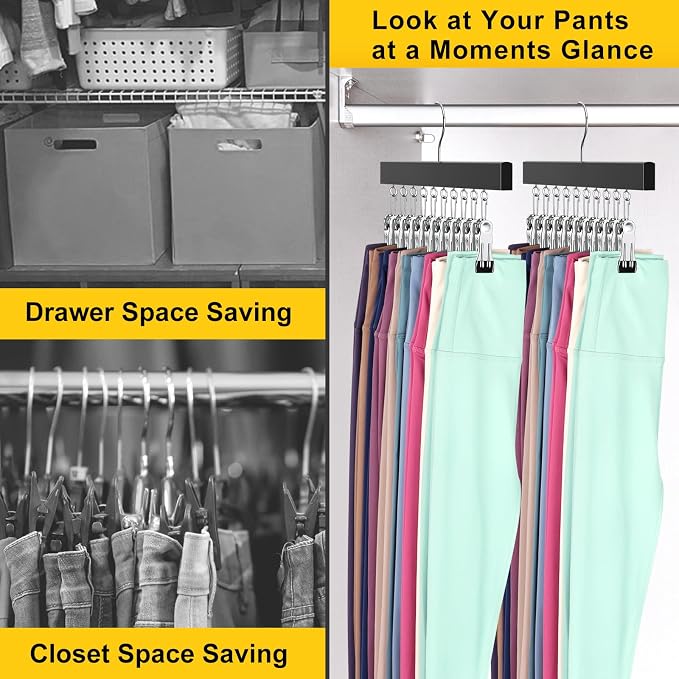 Legging Organizer for Closet, Pants Hangers with Clips Holds 20 Leggings, Jeans, Hats, Shorts, Socks, 360° Rotating Space Saving Hanging Lightweight Garment Hanger Storage 2Pcs