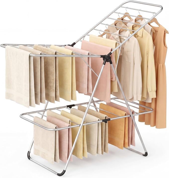 Giantex Foldable Clothes Drying Rack, 2-Tier Aluminum Laundry Drying Rack with Adjustable Wings, Freestanding Airer, Space-Saving, Portable Clothing Dryer Stand for Indoor and Outdoor Use