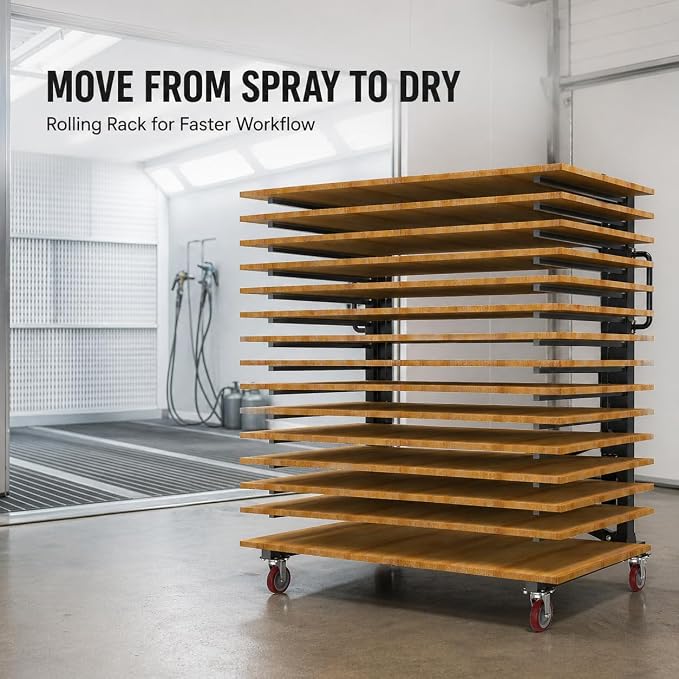 Paint Drying Rack,15-Tier Heavy-Duty Steel Drying Painting Rack | for Cabinet Doors, Adjustable Width 12 to 58 Inch,110 lbs Per Shelf,Black Drying Rack with Lockable Wheels for Paint Shops
