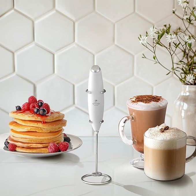 Zulay Kitchen Powerful Milk Frother Wand With 4 AA Duracell Batteries - Ultra Fast Handheld Drink Mixer - Electric Whisk Foam Maker for Coffee, Lattes, Cappuccino, Matcha & Creamer - Blizzard White