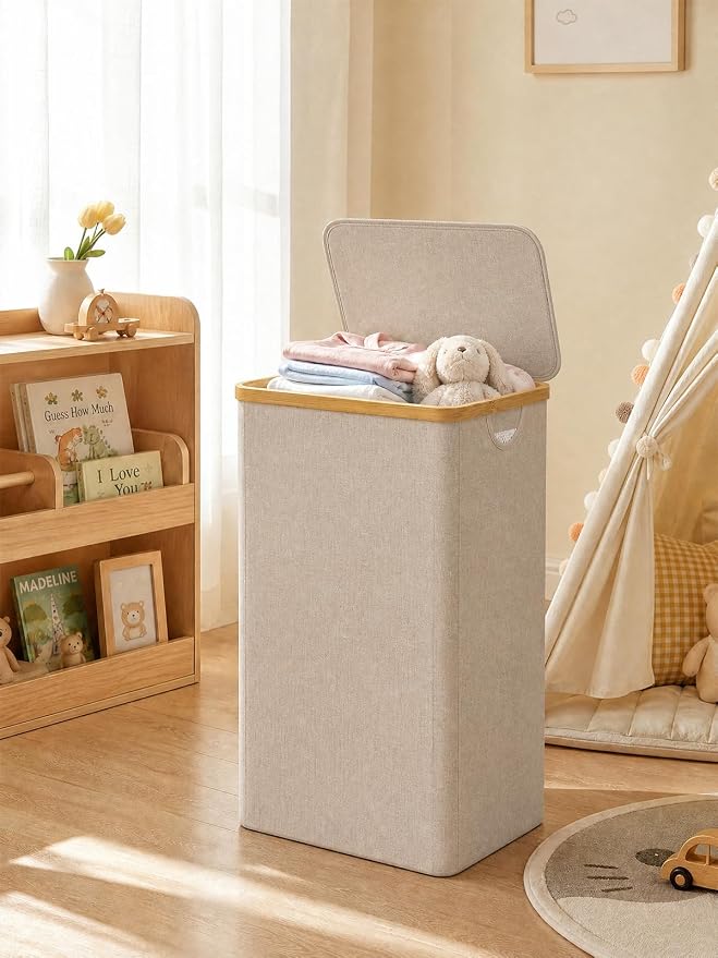 IEGrow Laundry Hamper with Lid,110L Laundry Basket with Mesh Bag,Oatmeal | Dirty Clothes Hamper Basket with Bamboo Handle for Clothes Towels Organization
