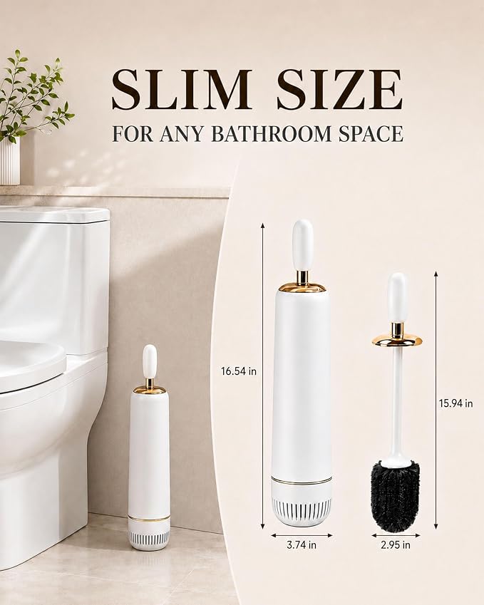 Toilet Brush Set, Dense Nylon Bristles, Wall Mount, Non-Scratch, White Gold | 16.5" Handle | Splash-Proof | Odor-Locking Lid | Ventilated Base | Hideaway Brush Head | Thick ABS | 2 Adhesive