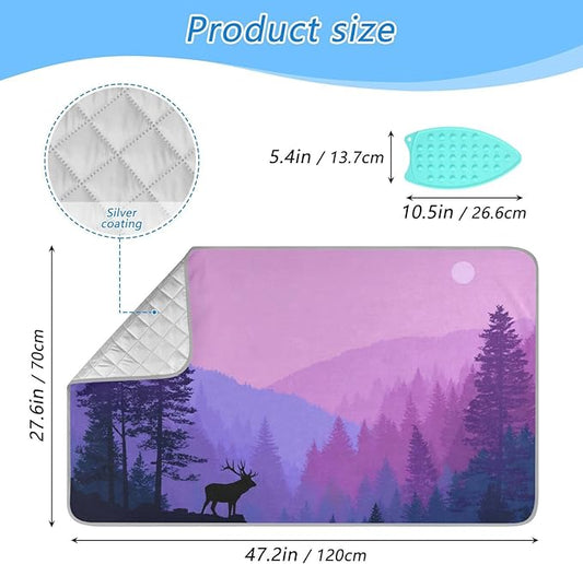 Purple Stag Mountains and Forest Ironing Mat Portable Ironing Pad Blanket with Silicone Iron Rest for Table Top Travel Heat Resistant Double-Side Using Large 47x28 Inch Foldable