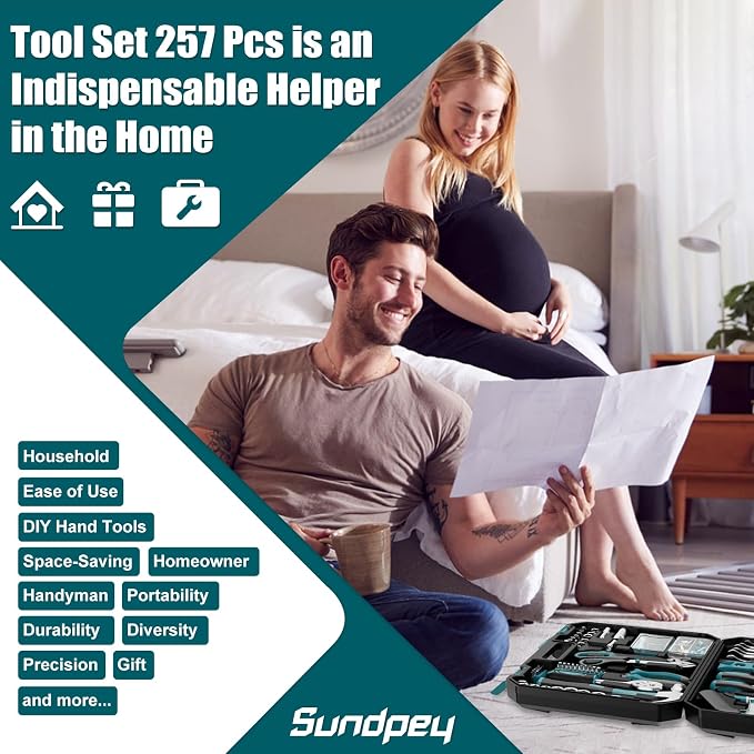 Sundpey 257 Pcs Portable General Basic Hand Tool Kit Set for Home with Case | with Mechanic Tool Set & Wrench Kit & Precision Screwdriver Set, for Men Women, for Household Car House Garage Apartment Dorm