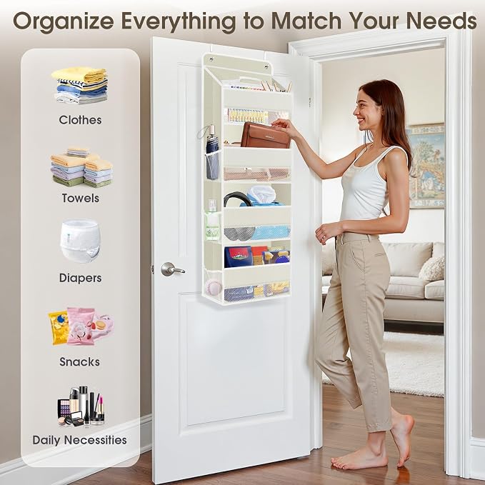 SpaceHacks 2 Pack Over The Door Organizer, Hanging Storage Organizer with Clear Window, 40lb Ultra Sturdy Large Capacity Room Organizer for Pantry Laundry Bathroom Nursery Closet (Beige)