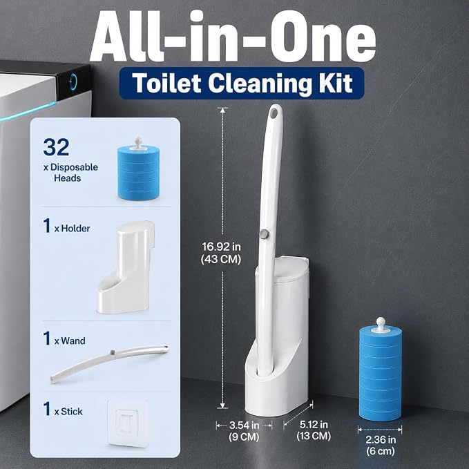 Disposable Toilet Brush and Holder Set with 32 Cleaning Refill for Bathroom | Wall Mounted Disposable Toilet Bowl Brush with Extended Handle, Disposable Toilet Wand for Toilet Bathtub Sink Deep Cleaning