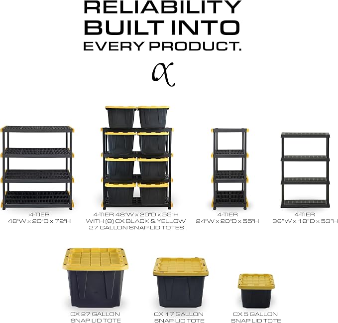 CX 5-Tier Heavy Duty Plastic Storage Shelves for Garage Organization | Freestanding garage utility rack with easy assembly, 5 shelves at 200lbs/Shelf, 72H x 48W x 20D, Black & Yellow, Made in USA