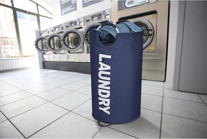 Maxsilan 90L Large Laundry Basket Bag, Collapsible Tall Hamper, Dark Blue | Freestanding tall laundry bag & foldable washing basket. Large capacity clothes storage bin with durable sturdy handles