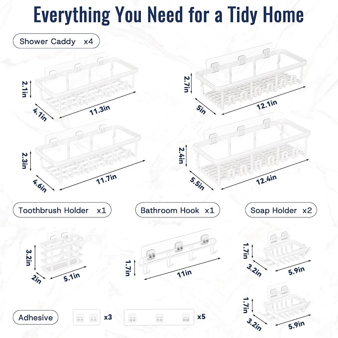 8 Pack Adhesive Rustproof Shower Caddy with Soap Dishes, Toothbrush Holder & Hooks, Large Capacity No-Drilling Shower Shelves Rack for Bathroom Organizers and Storage Accessories, White