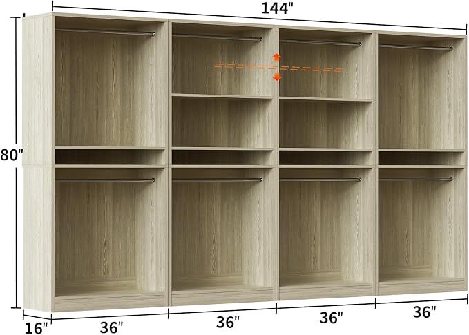 Unikito 12FT Modular Closet System with 8 Hanging Rods, 2800LBs Wood Garment Rack, 4-Pieces Ultra-Wide Walk-in Closet Organizer, Freestanding Clothing Shelves, White Oak