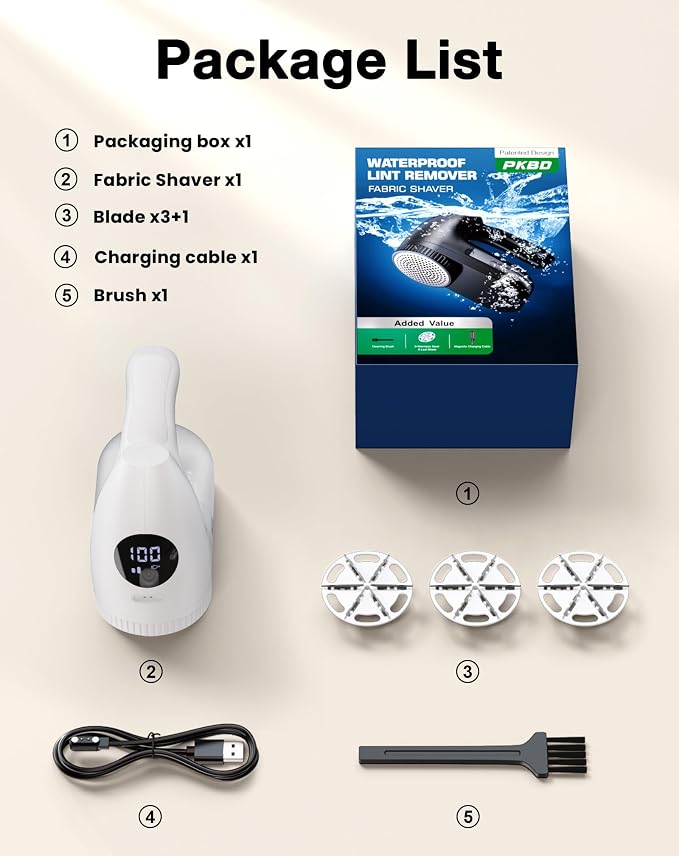 PKBD IPX6 Waterproof Washable Electric Fabric Shaver and Lint Remover, Rechargeable Sweater Defuzzer with 3 Free Extra Blades, Quickly and Effectively Remove Fluff, Fuzz, Bobbles for Clothes, White