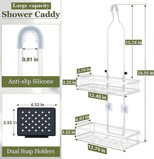 Skyapex Shower Caddy Hanging: Adjustable Height Organizer for Over Showerhead - Rustproof Shower Shelves with Hooks & 2 Soap Holders, White
