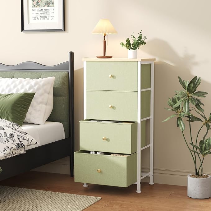 Sweetcrispy Dresser for Bedroom, 4 Drawer Storage Cabinet, Tall Nightstand | Small Fabric Dresser for Closet, Chest of Drawers, Closet Organizer, Home Furniture, Sturdy Frame, Light Green
