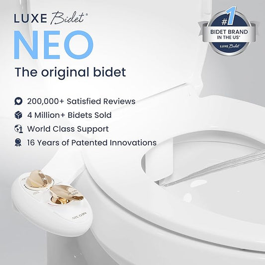 LUXE Bidet NEO 320 - Warm Water, Dual Nozzle, Self-Cleaning, Non-Electric Bidet Attachment for Toilet Seat, Adjustable Water Pressure, Rear & Feminine Wash (Gold)