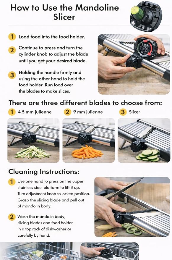 Groa Adjustable Mandoline Slicer for Kitchenâ French Fry Cutter, Potato Slicer Vegetable Slicer Tomato Slicer in Kitchen Essentials with Resistant Gloves- Stainless Steel Mandolin vegetable cutter