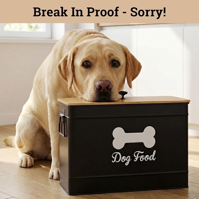 Dog Food Container Airtight Bamboo Lid 15-20 lb Sturdy Metal Handle 70 Cups | Pet Jar For Dogs up to 100lbs, Airtight Bamboo Lid, Sturdy Comfortable Metal Handle, Powder Coated Iron, Kibble Storage Bin