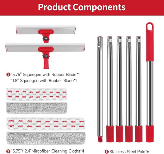 86.6" Window Squeegee for Home, Squeegee for Window Cleaning Kit with 6-Section Adjustable Long Handle, 16" & 12" Glass Scraper Squeegee for Shower Glass Doors & Windshield, Includes 4 Microfiber Pads