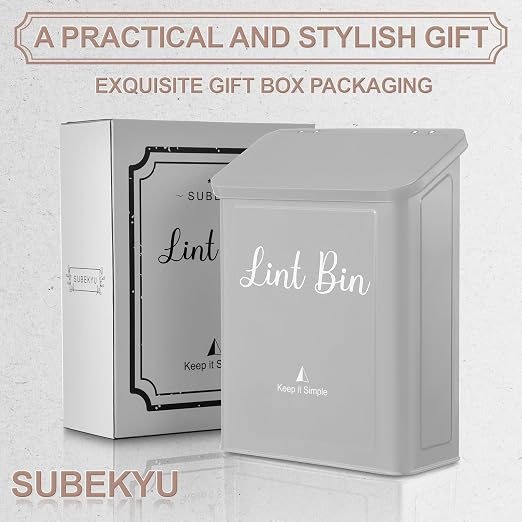 Magnetic Lint Bin for Laundry Room Organization and Storage,Light Grey | Wall Mounted Metal Lint Box Holder Trash Can with Lid for Dryer,Lint Basket for Laundry Room Decor