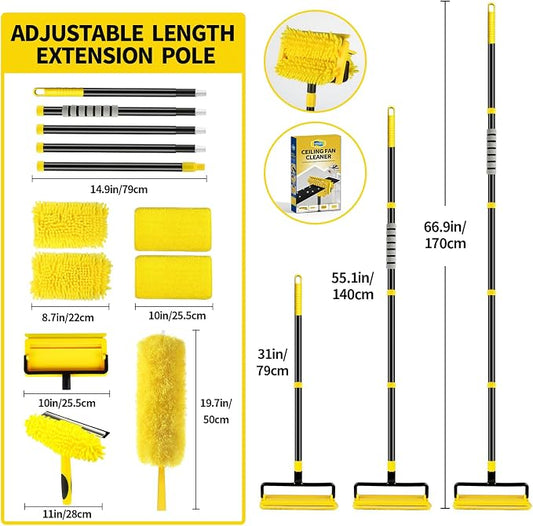 High Ceiling Fan Cleaner Duster for Fans Blades Cleaner with 78.7in Extension Pole Extra Long Handle Cleaning Tool,Reusable Chenille & Microfiber Mop Head for Baseboard Wall Floor Window Glass Wiper