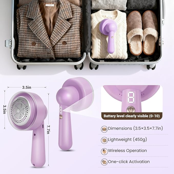 DBC Fabric Shaver & Lint Remover for Clothes, Sweaters & Furniture | 6-Leaf Blade, 3 Speeds, 2H Runtime, Portable Design Perfect for Travel, Includes 2 Extra Blades, Purple