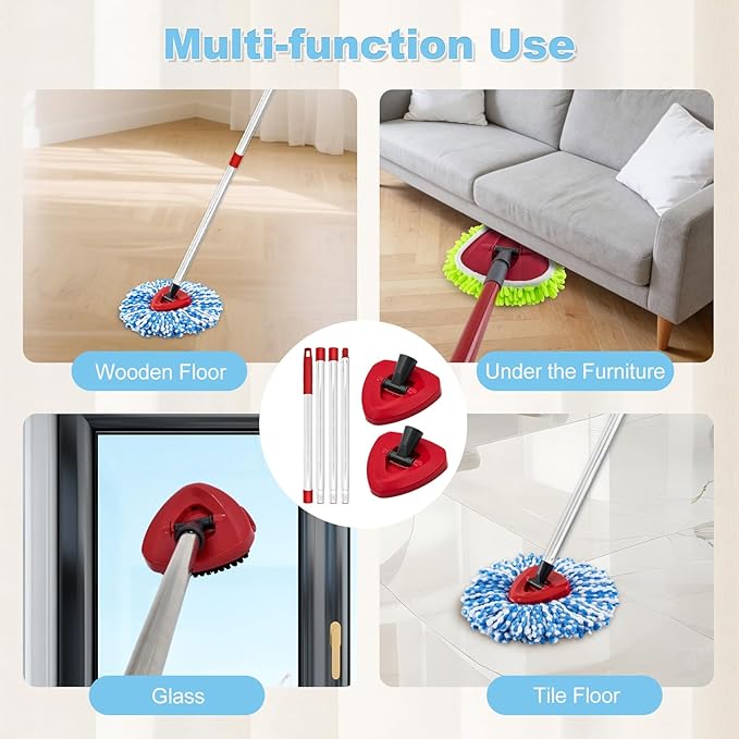 Spin Mop Handle & 2 Mop Base Replacement for O-Cedar RinseClean 2 Tank System, Adjustable 30-58" Telescopic Mop Stick Pole, Lightweight Durable Mop Handle Replacement Parts