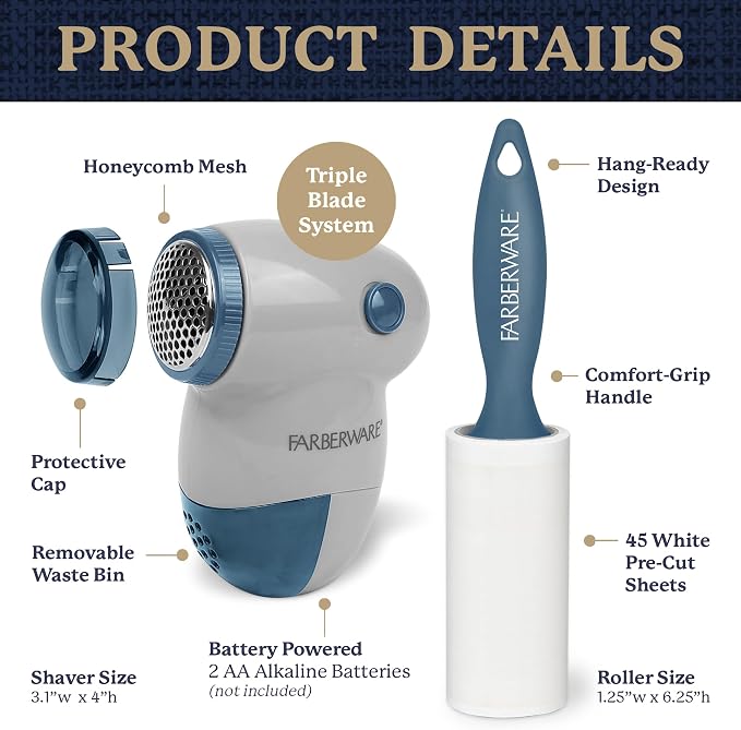 Farberware Fabric Shaver & Lint Roller Set, Small, Portable | Sticky sheets lift pet hair and dust, triple-blade design restores fabrics to like-new condition, for clothing and bedding