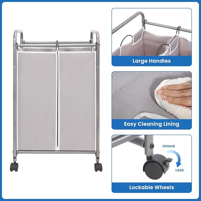 STORAGE MANIAC Laundry Sorter 2 Section, 90 L Gal Laundry Hamper with Wheels, Clothes Basket Separator Sorter, 2 Bag Rolling Cart and Removable Bags for Closet, Dorm, Collage, Grey